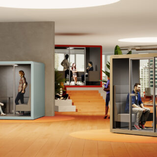 Contemporary office design with acoustic privacy booths and meeting pods by Silen, showcasing innovative solutions for hybrid office solutions, blending open-plan dynamism with serene focus areas for individual and collaborative tasks. Ideal for tech-savvy, modern professionals seeking a balance of engagement and concentration in urban corporate environments.